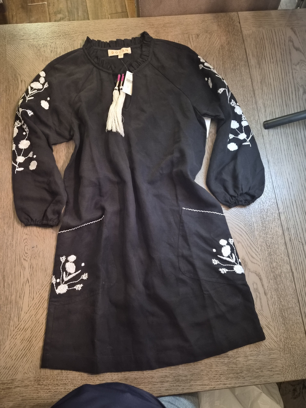 Anthropologie Black Midi Dress with White Floral Embroidery